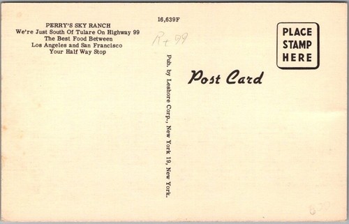 TULARE, California Postcard PERRY'S SKY RANCH RESTAURANT Hwy. 99 Roadside 1950s - 第 2/2 張圖片