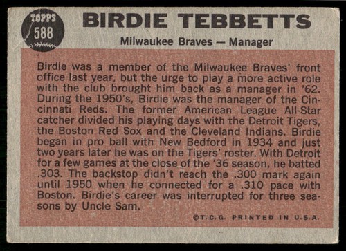 Birdie Tebbetts 1962 Topps #588 Milwaukee Braves - Picture 2 of 2