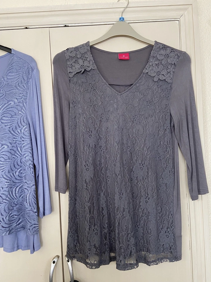 2 Lace Front Tops 3/4 Sleeves Blue & Grey Size 10 - Image 4 of 4