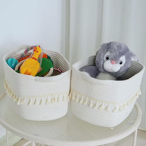White 15 In. X 8.6 In. Cotton Decorative Basket Set of 3 - Picture 2 of 5