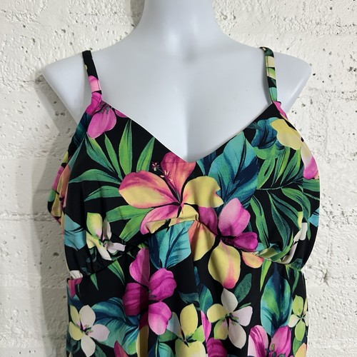 Trimshaper Womens Swimsuit Tankini 20W Black Tropical Floral Shelf Bra Adj Strap - Picture 2 of 5