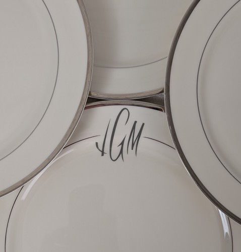 Set 11 Pickard Hand Decorated Platinum Bracelet 11" Dinner Plates JGM Monogram - Picture 3 of 9