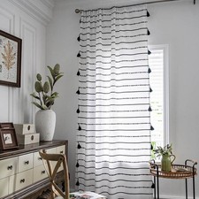 Black Stripe Cotton Linen Curtain with Tassels for Living Room
