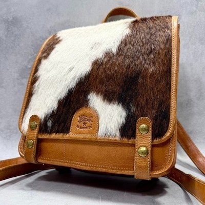 IL BISONTE Vintage Haircalf Leather Backpack Daypack Animal Print Brown Italy