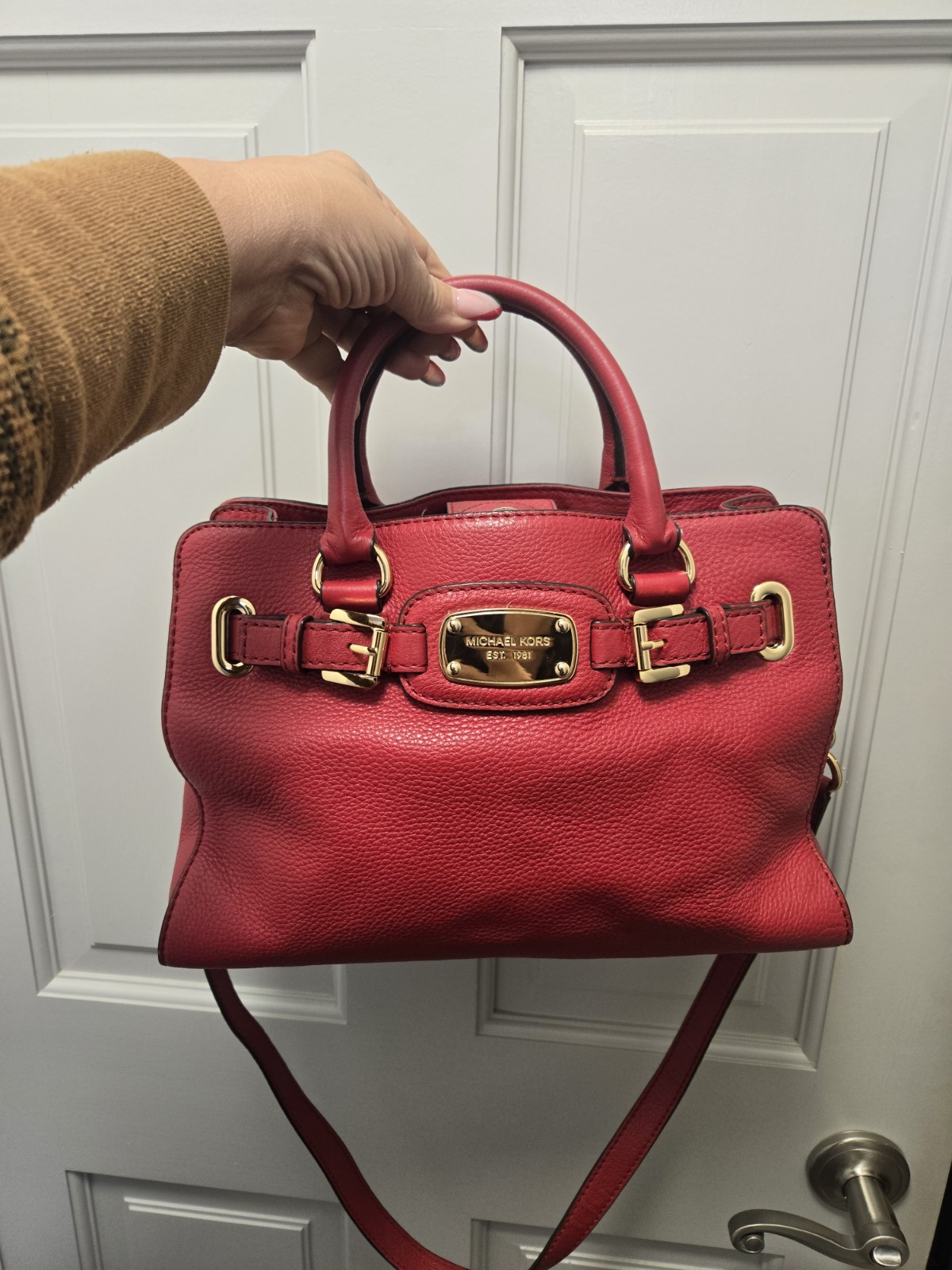 Michael Kors Hamilton Red Pebbled Leather Satchel Shoulder Tote Bag