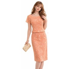 Vintage 60s Coral Pink Floral Lace Two Piece Dress Set Short Sleeve Pencil Skirt