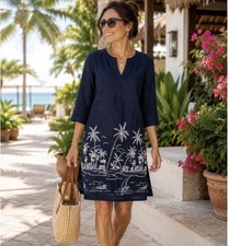 Talbots Linen Shift Dress Women’s M Navy Blue Embroidered Beaded Coastal Travel