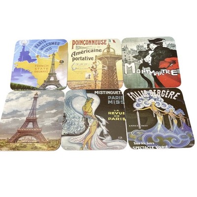 Vintage French Paris Art Deco Travel Poster Cork Coasters Set of 6 Eiffel Tower