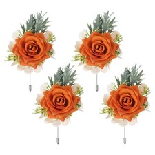 4 Pcs Orange Boutonnieres for Men, Artificial Flower Buttonholes Pocket