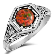 2CT Red Fire Opal 925 Solid Sterling Silver Art Deco Style Ring Sz 6,7 US3