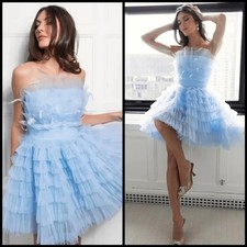 Mac Duggal 20529 Blue Feathered Strapless Tulle Fit & Flare Mini Dress NWT sz 8