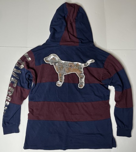 Victoria's Secret PINK PAILLETTEN GLITZER GESTREIFT Hoodie RUGBY perfekt 1/4-Reißverschluss Medium - Bild 1 von 7