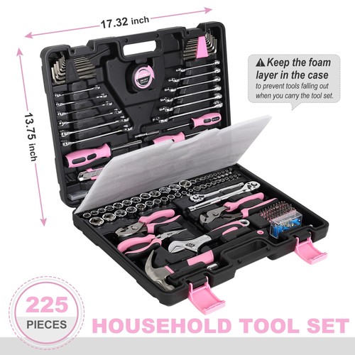 FASTPRO Jeu d'outils roses 225 pièces, jeu à main mécanique SAE et métrique  - Photo 6/9