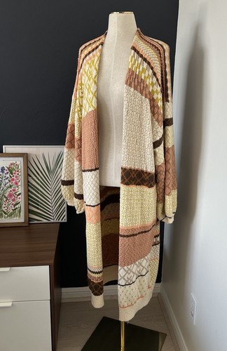 FREE PEOPLE Love and Kisses Patchwork Cardi Pockets Corral Brown Open Front Sz L - Picture 5 of 14