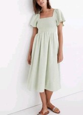 Madewell Women's XXS Linen Blend Lucie Sunfaded Mint Smocked Midi Dress #CC