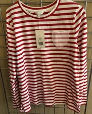 NWT Crown & Ivy Heart Pocket Striped Top Sz L Knit Long Sleeve Red & White CUTE