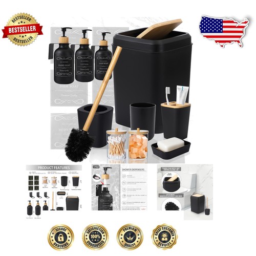 Komplettes Badzubehör-Set Schwarz & Holz - 19-teilig mit bohrfreiem Design