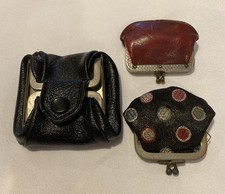 3 Vtg Coin Purses-1 Blk Leather Snap 1 Burgundy Leather 1 Fabric Kiss Closure