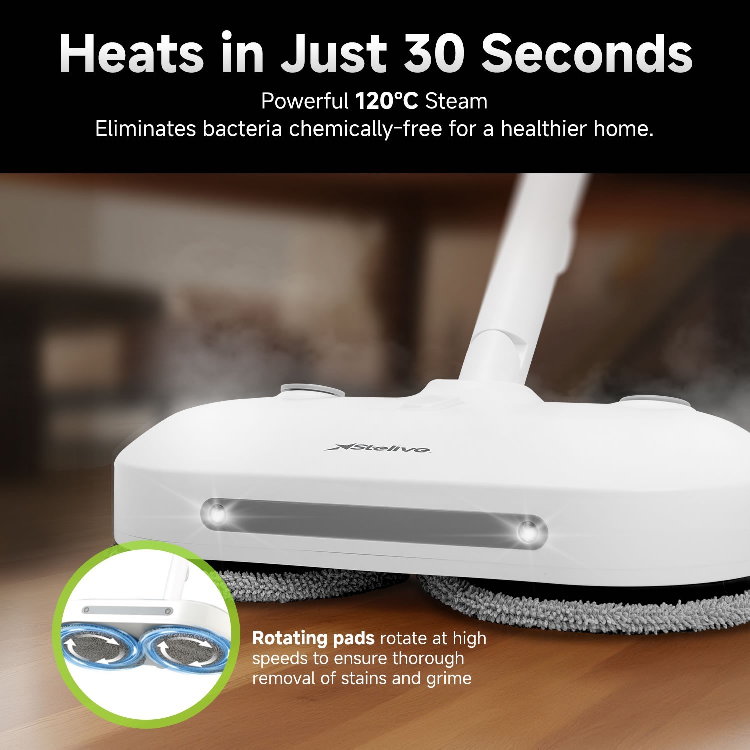 Stelive 1000W Electric Steam Mop with 4 Rotating Pads – Hard Floor Cleaner 450ML — image 7