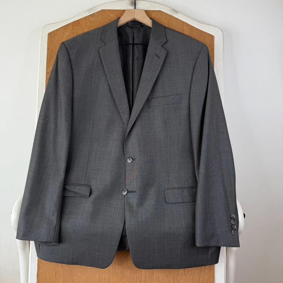 Traje Calvin Klein Para Hombre 46R Gris Rayas 2 Botones Calce Ajustado 100% Lana Pantalón 38x30 Foto 2 de 4