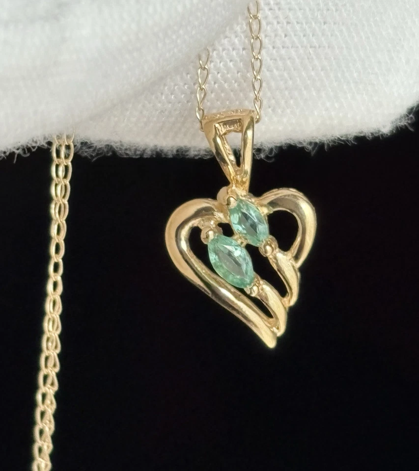 14k Yellow Gold Emerald Marquise Cut Heart Pendant Chain 18” Necklace Ladies - Image 4 of 4