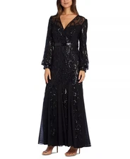 R & M Richards Sequined Blouson-Sleeve Gown Black Size 12 $189