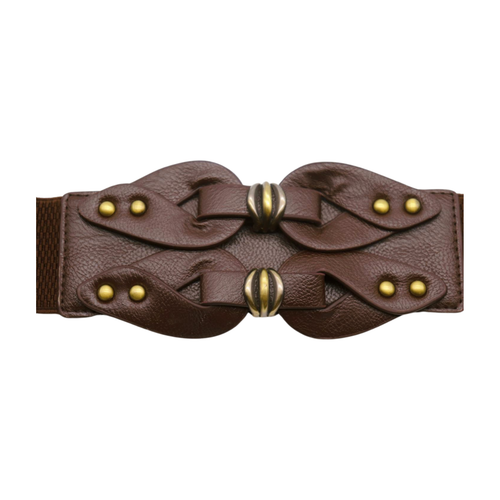 Women Brown Wide Elastic Fashion Belt Hip Waist Antique Gold Metal Studs Fit S M
