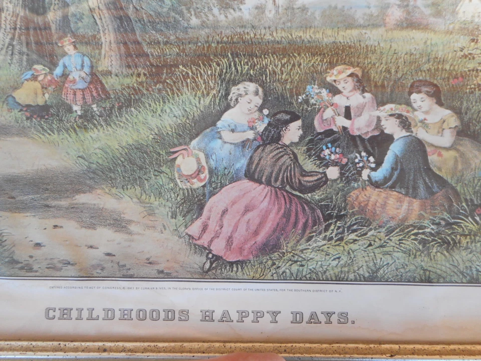 Antique Currier & Ives Childhood Happy Days print frame girls picking flowers - Image 3 of 4