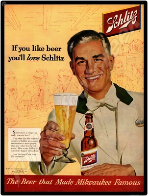 1954 Schlitz Beer Ad 9'' x 12'' Metal Sign