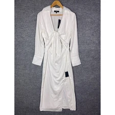 NEW $78 Lulu's Long Story Shirt White Long Sleeve Tie-Front Midi Dress Size Smal