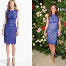 TADASHI SHOJI Blue Nude Chantilly Lace Scalloped Fringe Sheath Dress 14P = XLP