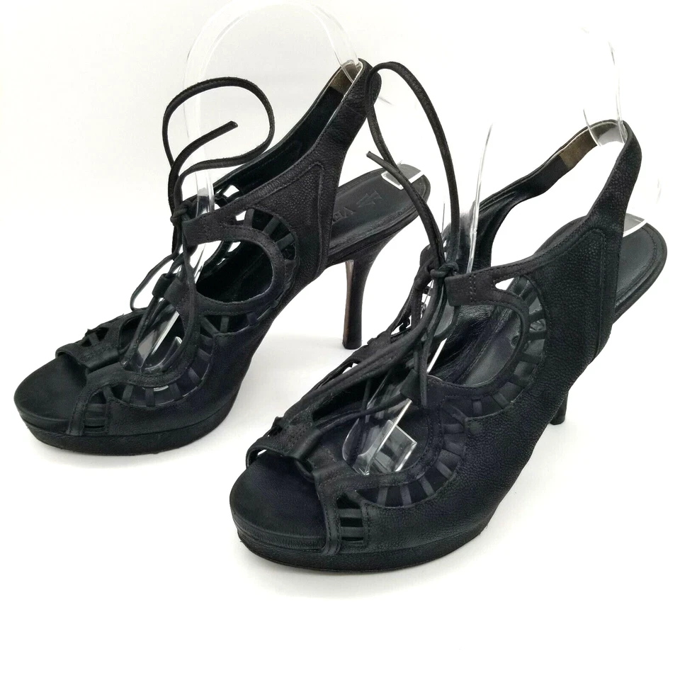 Vera Wang Womens Black Leather Peep Toe Slingback Kitten Heels Size 8.5 M - Image 3 of 4