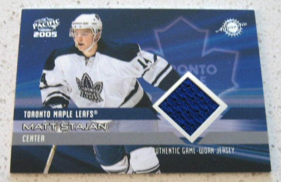 Matt Stajan 2004-05 Pacific #39 AUTHENTIC GAME-WORN JERSEY hockey card lot LEAFS