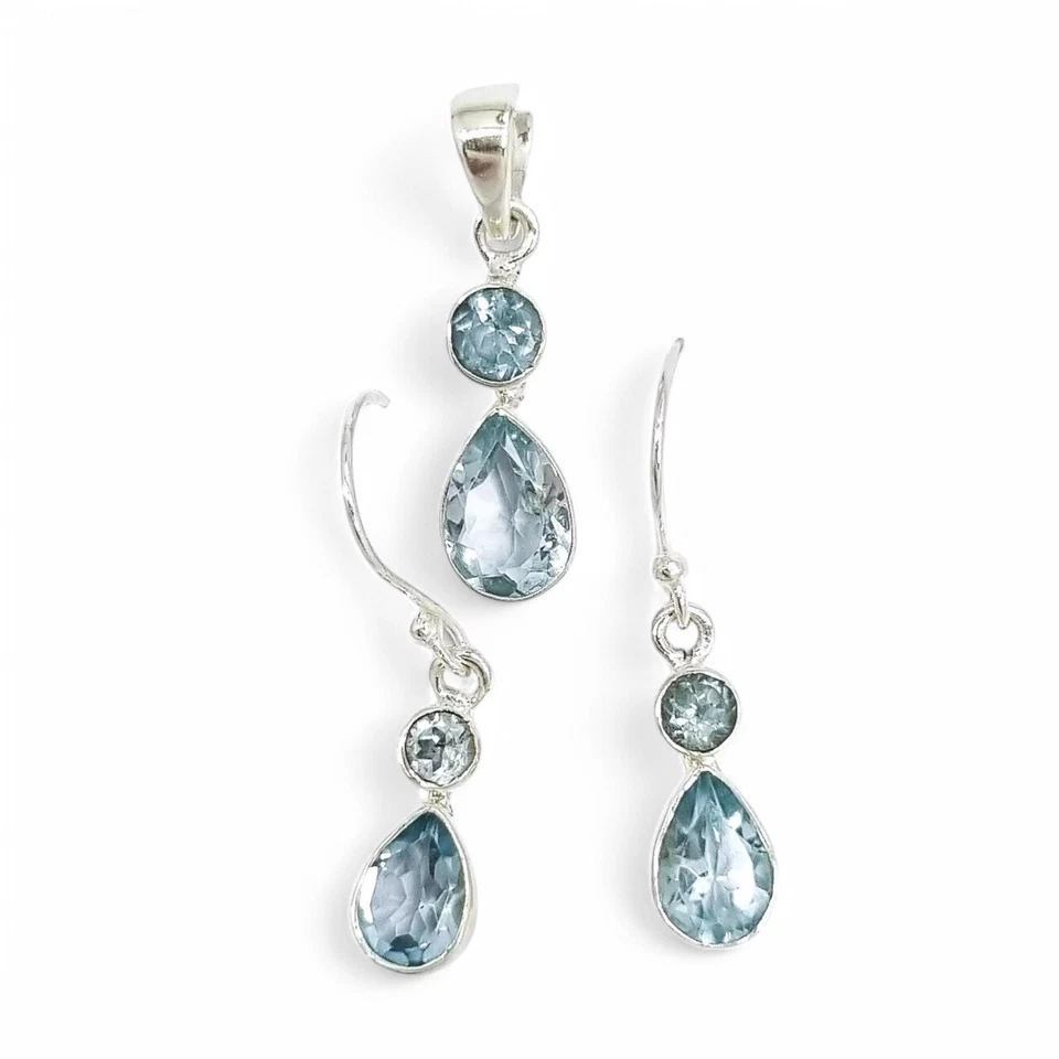 Set Di Orecchini Pendenti A Goccia In Argento Sterling Con Topazio Blu Per Sposa - Immagine 2 di 4