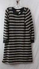 NEW LOFT Black White Striped Long Sleeve Sweater Dress A-line Over The Knee Sz L