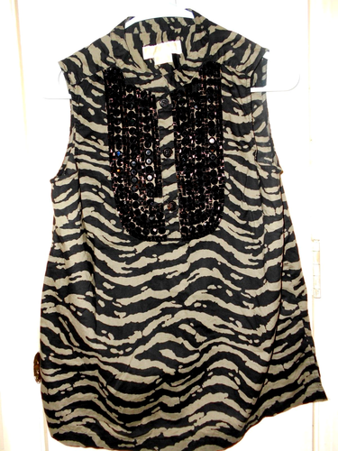 Michael Kors Ladies P-M Zebra Print Beaded 1/4 Button Sleeveless Blouse.