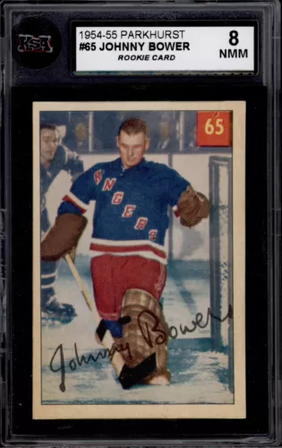 1954-55 PARKHURST #65 JONNY BOWER ROOKIE CARD KSA 8 NEAR MINT- MINT