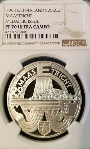 1993 NETHERLANDS SILVER 25 ECU MAASTRICHT NGC PF 70 ULTRA CAMEO RARE PERFECTION