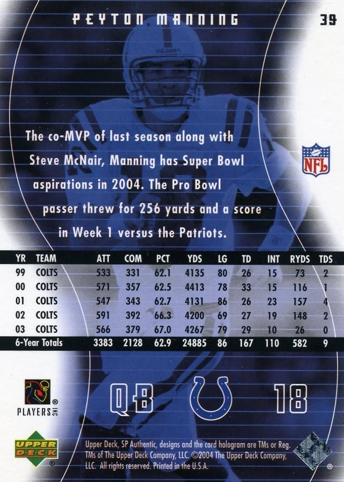 Peyton Manning 2004 SP Authentic #39 Indianapolis Colts - Image 2 of 2