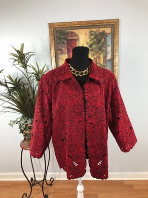 Trenz by Theresa Renz Embroidered Jacket Women's Size 1X Red Cut-Out Elegant