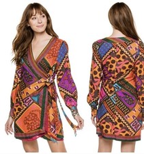 Farm Rio Dotted Patch Scarf Mini Dress M Small Wrap Tassel Tie Mixed Print Nwt