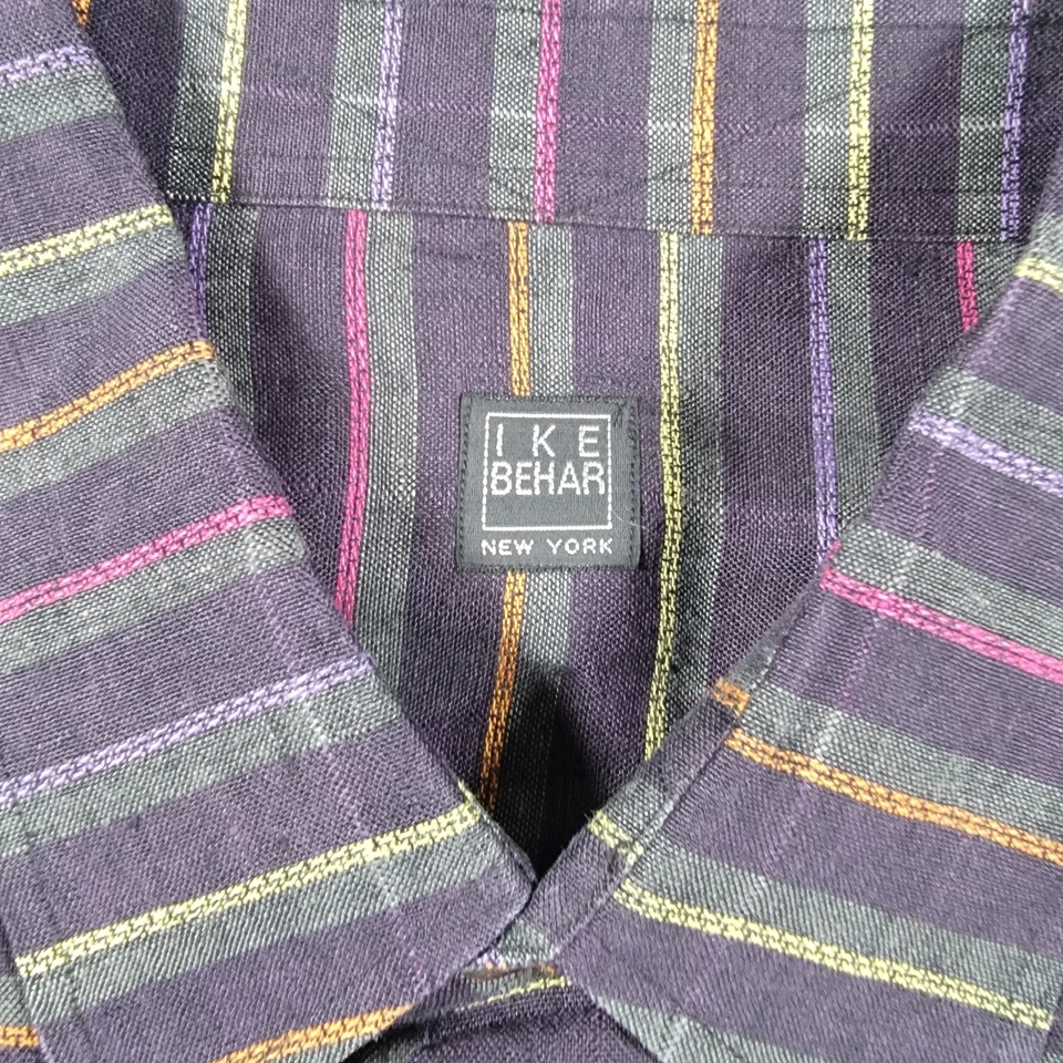 Ike Behar New York Linen Poly Striped Button Front Shirt Purple Multi Color XL - Image 3 of 4