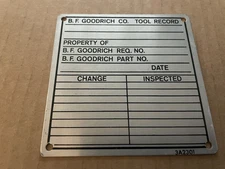 Vintage B.F. GOODRICH Tire Co Aluminum Metal Sign Tag TOOL RECORD Akron OH #8