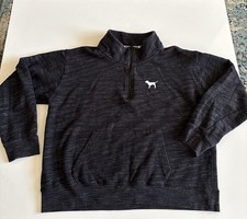 PINK Women Sweatshirt Sz L Charcoal Grey Logo Dog 1/4 Zip Long Sleeve Pullover