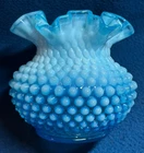Vintage Fenton Vase 5” Hobnail Ruffle Edge Blue Opalescent