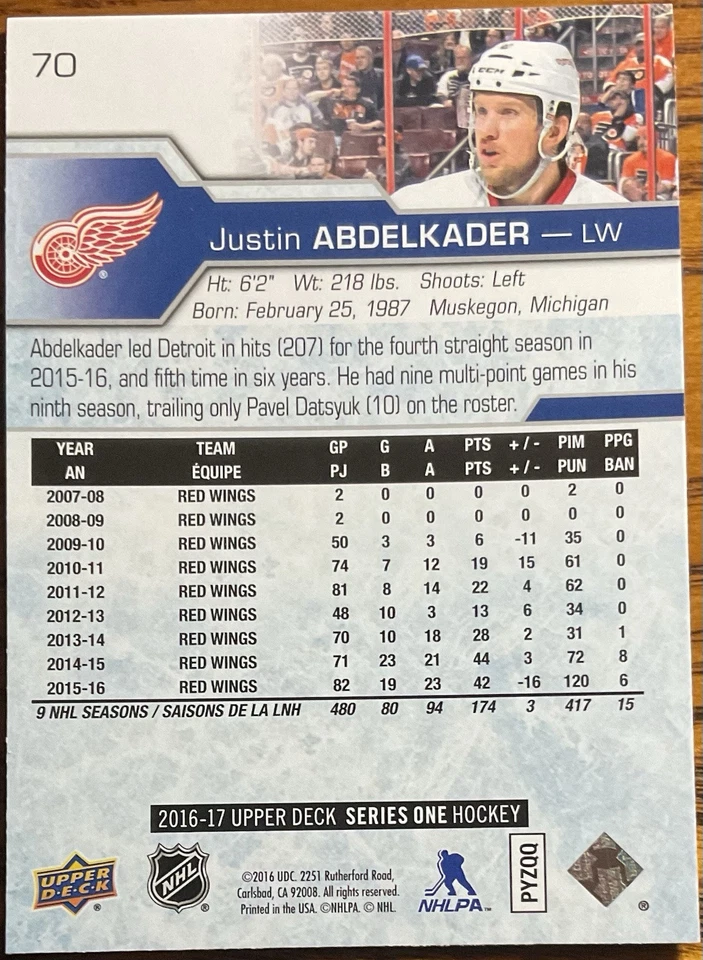 2016-17 Upper Deck Justin Abdelkader #70 Detroit Red Wings - Image 2 of 2