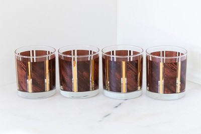 Set of 4 Libbey Wood Grain & Gold Stripe Lowball Glasses Vintage MCM Retro