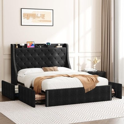 Queen Bed Frame ,Tufted Wingback Headboard ,with 4 Drawers and Charging Station
