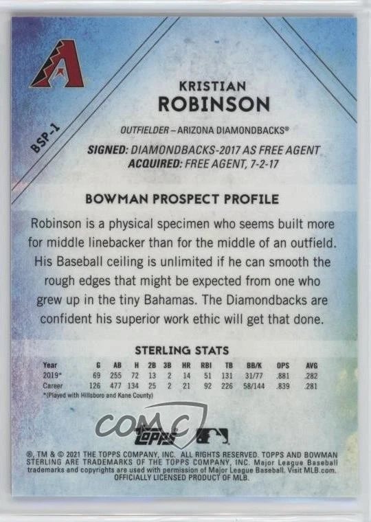 2021 Bowman Sterling Prospects Magenta Refractor /75 Kristian Robinson #BSP-1 - Image 2 of 2