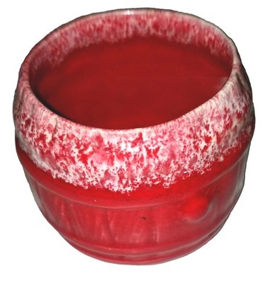 Fir Red Beer Keg Trinket Jar. Glazed. Ceramic. Resembles Wood Keg & Frothy Beer.